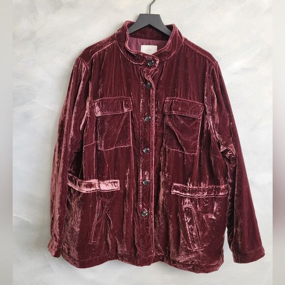 Loft Plus Burgundy Crushed Velvet Velour Jacket Size 22 Hidden Belt Top - Picture 1 of 10
